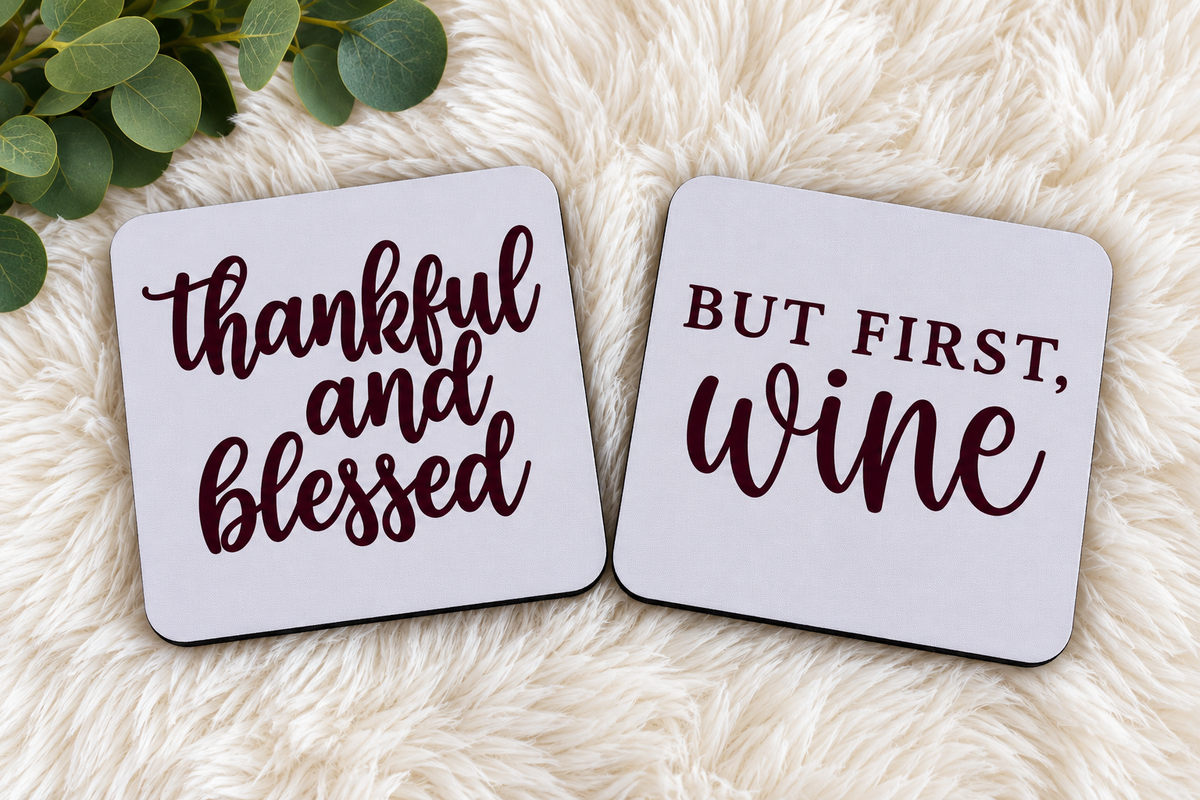 Rubber Coaster Set – Thankful or Wine